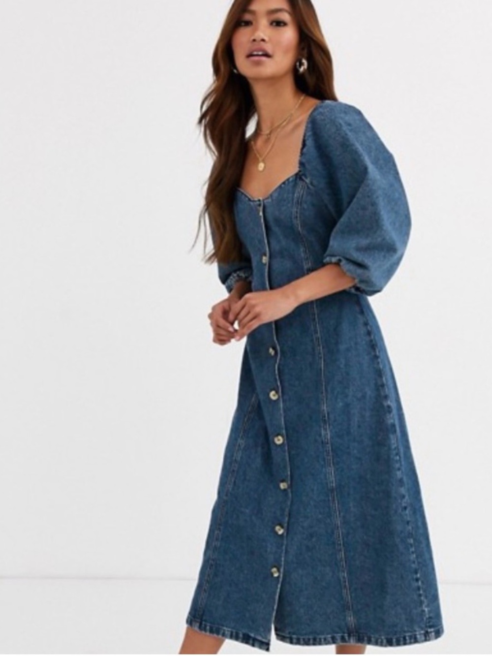 ASOS Reclaimed Vintage 100% Cotton Puff Sleeves Denim Shirt Midi Dress size 2